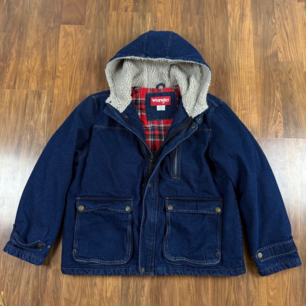 Wrangler Mens Dark Blue Denim Hooded Jacket Sherpa Plaid Lined Workwear Coat XL
